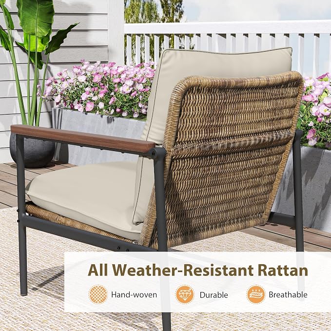 HAPPATIO 4-Piece Outdoor Furniture Set, Aluminum Patio Converation Set with Wicker Seat and Acacia Wood Armrest, Loveseat Sofa Set with Olefin Cushion and Wood Table for Garden Lawn Backyard