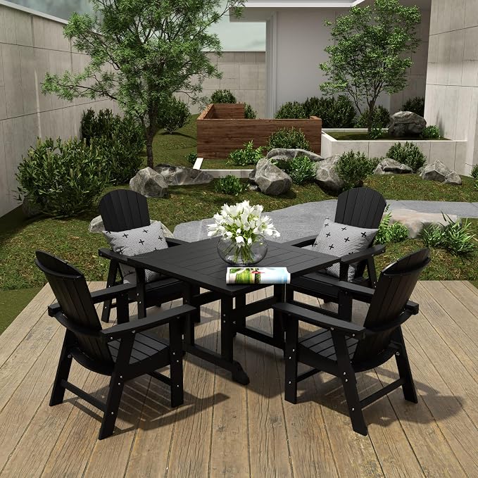 WestinTrends Dylan Adirondack Patio Dining Set for 4, All Weather Poly Lumber Outdoor Table and Chairs Set of 4, 43" Trestle Square Dining Table and Seashell Adirondack Dining Chair, Black