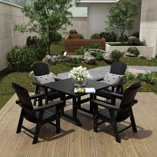 WestinTrends Dylan Adirondack Patio Dining Set for 4, All Weather Poly Lumber Outdoor Table and Chairs Set of 4, 43" Trestle Square Dining Table and Seashell Adirondack Dining Chair, Black