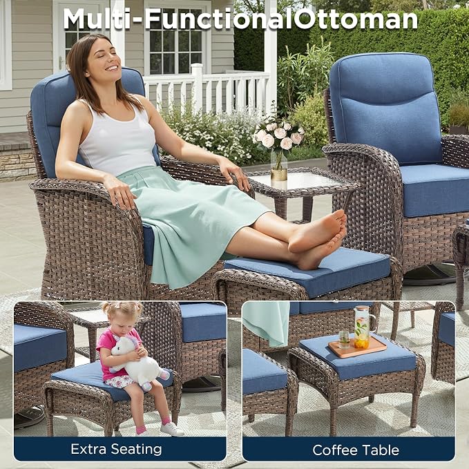 3 Pieces Luxury Patio Furniture Sofa Set with 6-Inch Thick Cushions, Outdoor Wicker Patio Furniture Covered Couch with Multifunctional Ottoman, Patio Conversation Set for Porch Garden, Blue