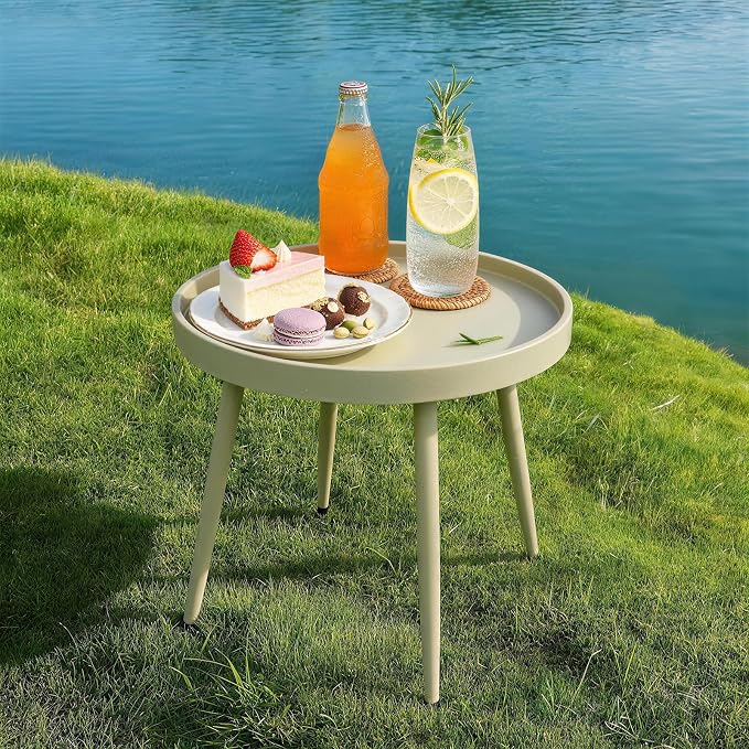 Small Outdoor Side Table - Round Metal End Table with PP Desktop & Anti-Fall Fence - Mini Coffee Table for Small Spaces - Patio, Porch, Living Room- Camel