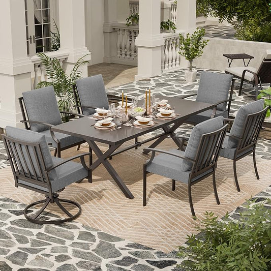 7 Piece Outdoor Dining Set for 6, Metal Patio Table and Chairs with Cushions, Patio Furniture Set with 2 Swivel Chairs, Rectangular Patio Dining Table with Umbrella Hole, Lawn Deck, Yard-Grey