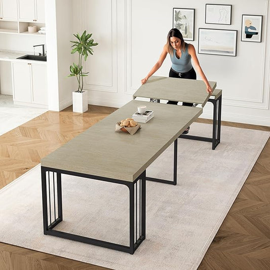 23.6" - 118" Extendable Dining Room Table, Modern Extra Long Folding Dining Tables for 2-10 People, Outdoor Patio Furniture Set, Adjustable Kitchen Dinner Table, Ancient White