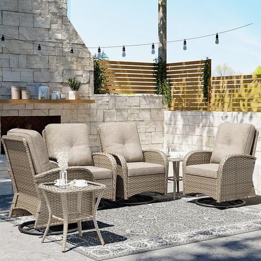 Joyside Wicker Patio Furniture Set, 6 Piece Outdoor Furniture Set with Thickened Cushions, High Back, Deep Seating, Wide Armrest, Outdoor Swivel Rocker Chairs for Porch, Deck