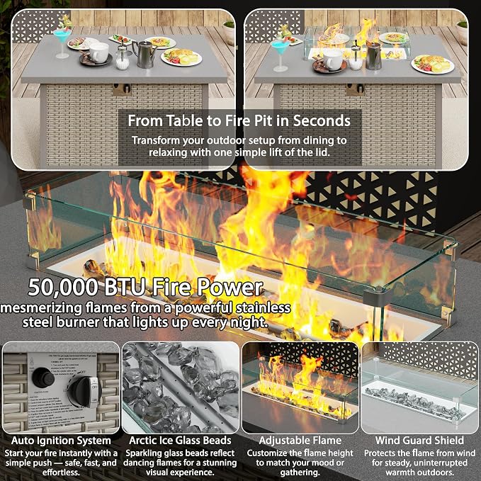 7 Piece Patio Furniture Set, 8" Wide Arm Sectional Sofa Set with 50000 BTU Propane Fire Pit Table & Coffee Table, Rattan Outdoor Conversation Set for Garden, Porch, Lawn, Blue