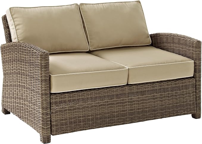 Crosley Furniture Bradenton 4-Piece Outdoor Loveseat Patio Furniture Set, Wicker Conversation Sets for Porch, Brown with Sand Cushions