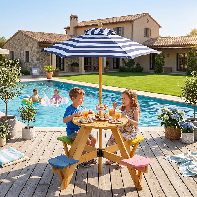HONEY JOY Kids Picnic Table, 4-Person Fir Wood Toddler Round Outdoor Table & Chair Set, Adjustable Umbrella, Wooden Children Outdoor Furniture for Patio Backyard Lawn Garden, Natural