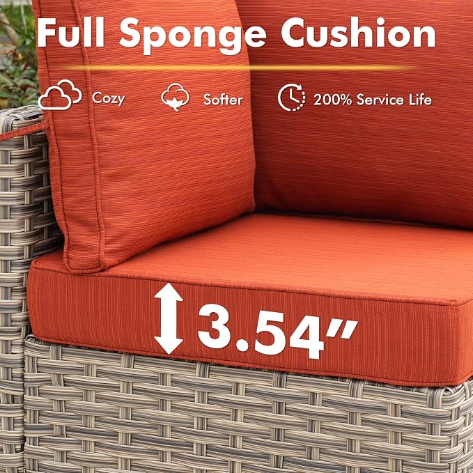 CAODOC 9-Piece Outdoor Sectional Sofa Set w/ 42" Fire Pit – L-Shaped Wicker Patio Furniture, Deep Seating & Swivel Rockers,Red-Striped