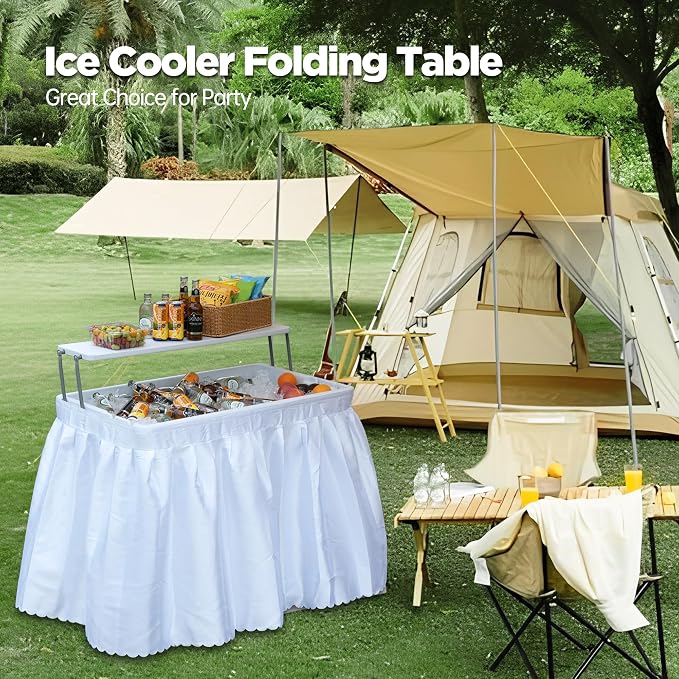 Real Relax Two-Tier Portable Cooler Table, Fill and Chill Desk for Food Drink Beverage, Foldable Party Ice Table for Camping BBQ Outdoor White