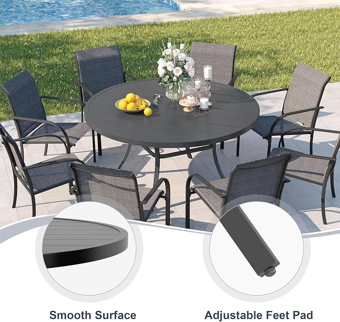 VICLLAX Patio 9 Pieces Outdoor Dining Set, Wrought Iron Metal Outdoor Table and Chairs Set, 53" Round Table with Umbrella Hole and 8 Stackable Chairs for Lawn, Garden, Porch, Dark Grey/Grey