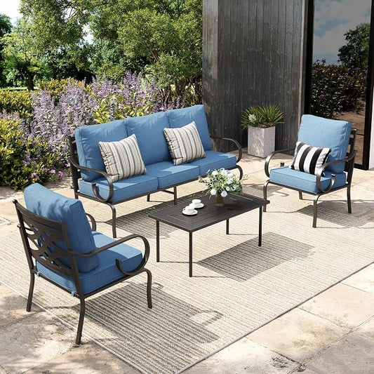 Sophia & William Patio Conversation Set for 5, 3-Seater Sofa, 2 Fixed Chairs and a Coffee Table, Metal Outdoor Furniture with 5.75" Extra Thick Cushions, Navy