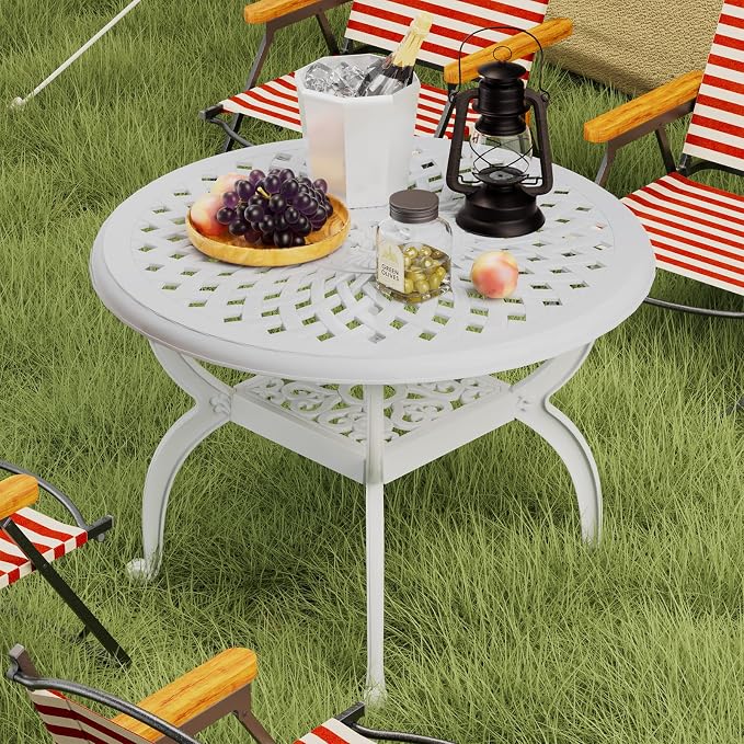 Round Outdoor Coffee Table, Cast Aluminum Side Table with Storage,Indoor End Table, All-Weather Bistro Table for Patio Garden Lawn,White