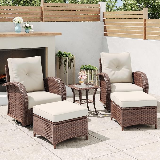 5 Pieces Outdoor Wicker Patio Swivel Rocking Chairs, All Weather Wicker Conversation Set with Side Table