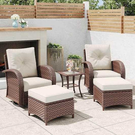 5 Pieces Outdoor Wicker Patio Swivel Rocking Chairs, All Weather Wicker Conversation Set with Side Table