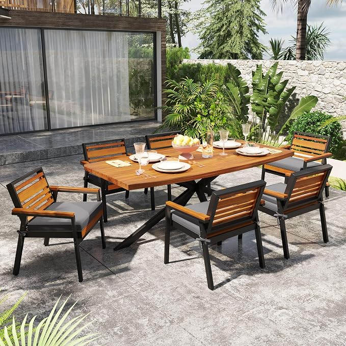 7-Piece Outdoor Patio Dining Set, All-Weather Rectangle Table and 6 Chairs with Dual-Layer Iron & Acacia Wood Seat Frame and Detachable Cushions for Backyard Garden Poolside (Gray-5.14)