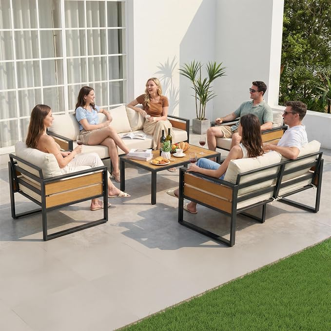 Furnimart Patio Furniture Set, 2-Piece Metal Outdoor Sectional, 2-Seat Patio Conversation Set with Deep Seating, Thick Cushions & Coffee Table for Backyard, Porch & Deck, Beige