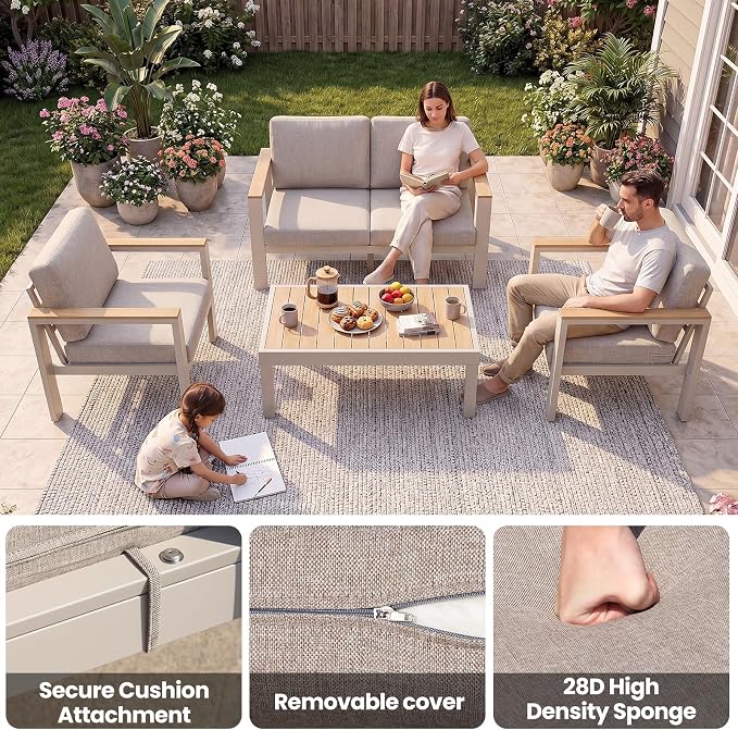 3-Seat Aluminum Outdoor Sofa, 1-Piece Powder-Coated Patio Sectional Sofa with 1.5mm Thick Frame, Anti-Hot Armrest & Waterproof Removable Cushions, Large Outdoor Couch for Backyard Courtyard Beige