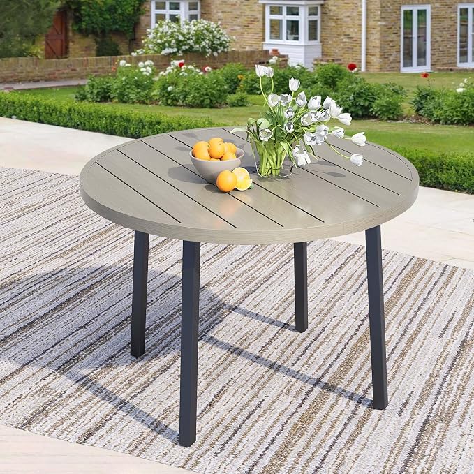 42" Round Patio Dining Table for 4, All-Weather Metal Patio Table with Umbrella Hole, Outdoor Round Dining Table for Lawn Garden Porch, Honey Oak,