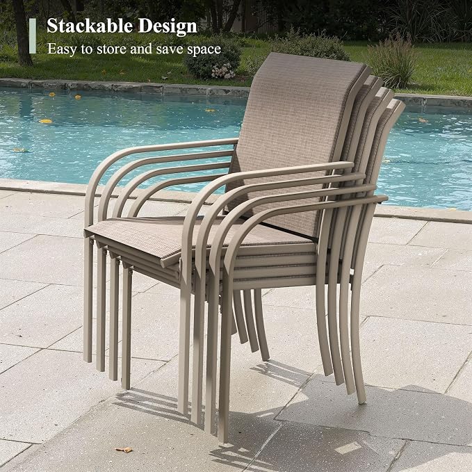 Patio Table and Chairs Set for 6, Outdoor Dining Set with 6 Stackable Dining Chairs and 63"x 37.8" Metal Steel Rectangle Dining Table for Backyard, Deck, Lawn, Garden, Sandshell