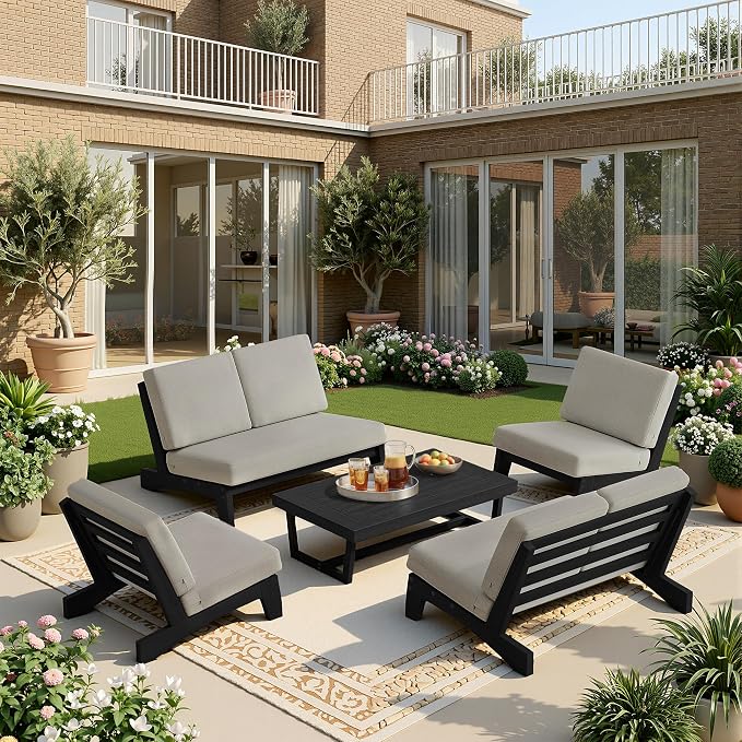 7 Pieces All Weather Black Wood Patio Furniture Sets, 2 Patio Loveseat, 4 Patio Bistro Chair, Outdoor Sectional Sofa Furniture Backyard Conversation Set with Coffee Table - Light Camel