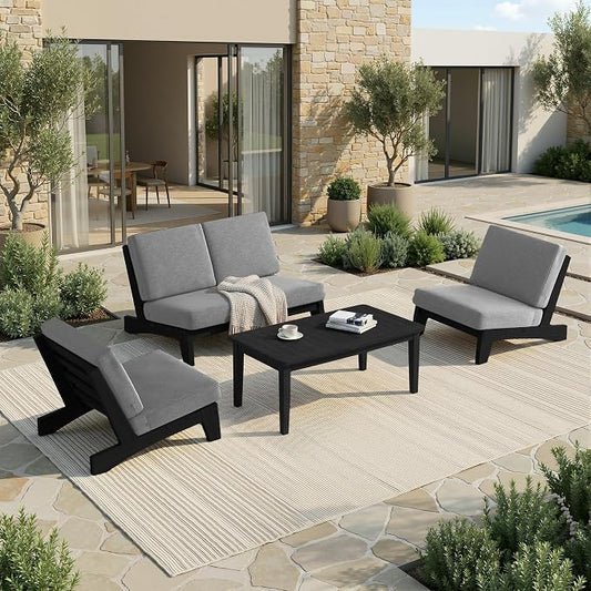 Pia Ricoo 4 Piece Patio Furniture Sets, Outdoor Loveseat Sofa Set with 2 Chairs & Coffee Table, Patio Conversation Set for Backyard, Deck, Lawn, Gray, Dark Wood