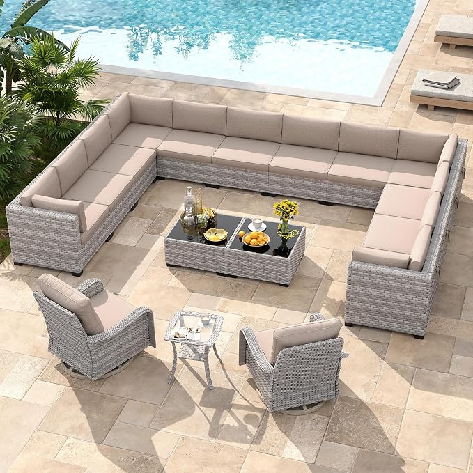 14-Seat Modern Patio Furniture Set with Swivel Rocking Chairs, Thick 4″ Cushions, Dual-Strand Wicker Rattan, Rust-Resistant Steel Frame – Outdoor Conversation & Modular Sectional,Beige