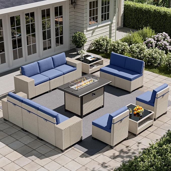 13-Piece Outdoor Patio Furniture Set with Fire Pit, Modular Sectional Sofa Set with Glass Coffee Table and Cushions, Wicker Outdoor Couch Conversation Sets, Blue