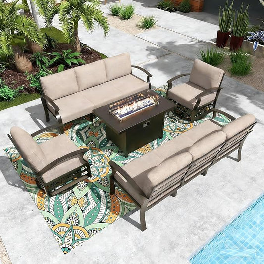 Gotland Aluminum Patio Furniture Set with Fire Pit Table, Metal Patio Furniture with 2 Swivel Rocking Chairs Waterproof 5.1'' Seat Cushions, Oversized Outdoor Sectional for Garden Balcony Porch Khaki
