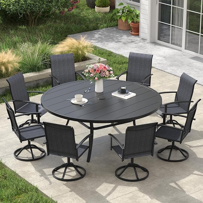 VICLLAX 63" Round Patio Table, Outdoor Dining Table for 8-10 with Umbrella Hole for Garden Lawn Deck Backyard, Black