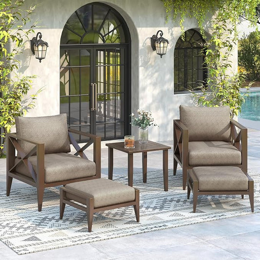 Aluminum Outdoor Patio Furniture Set, 5 Pieces Conversation Set with 5.2 Inch Cushions & 2 Ottomans, All-Weather Rust-Resistant Frame Conversation Set for Porch, Garden, Backyard, Brown
