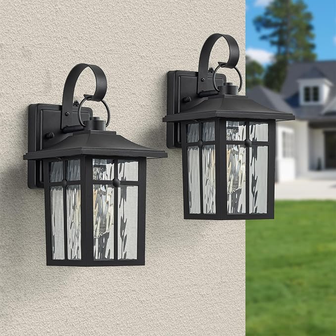 2 Pack Dusk to Dawn Outdoor Wall Lights, Black | Aluminum Exterior Light Fixtures Wall Mount, Ripple Glass, Waterproof Porch Lights, For Entryway, Garage, Patio