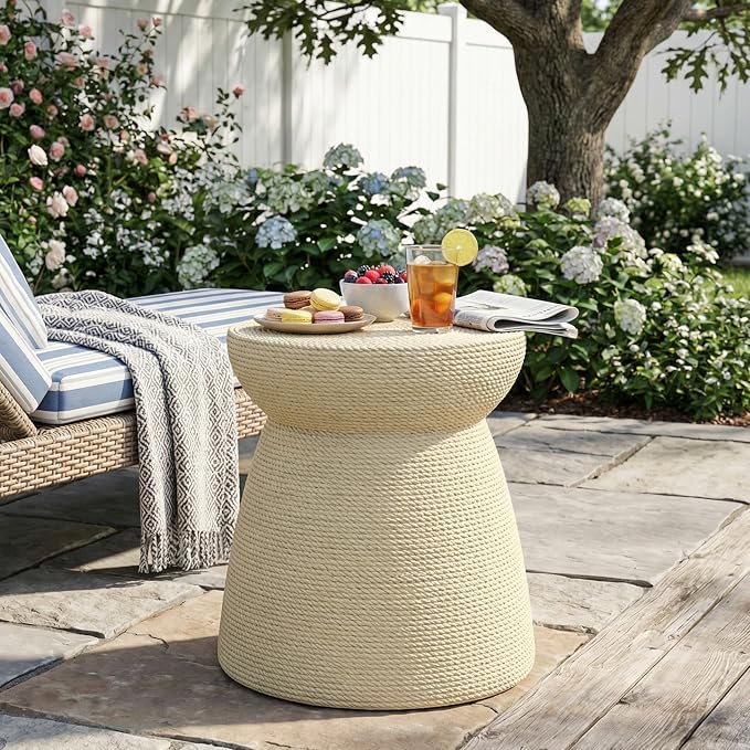 Christopher Knight Home 16.73" H Simulated Rattan MGO Side Table Sculptural Hourglass End Table Indoor Outdoor Living Room Patio Balcony Decor Accent Table, Natural Wood