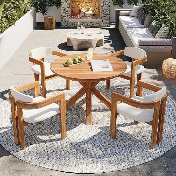5-Piece Outdoor Acacia Wood Round Dining Set, All-Weather Round Dining Table and 4 Barrel Chairs & Removable Cushions, 5-Piece Patio Furniture for Backyard Deck Poolside (Beige Cush)