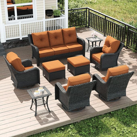 LayinSun 9 Piece Wicker Outdoor Furniture Set with 6-inch Comfy Cushions, High Back Patio Furniture Set with Swivel Rocking Chairs and Side Table
