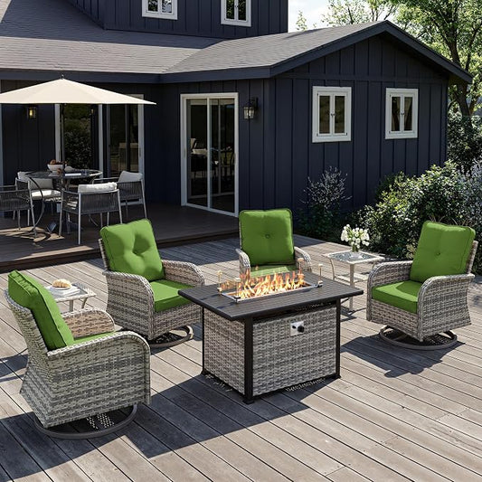7Pcs Patio Rocking Swivel Chair with 55,000 BTU Fire Pit Table Outdoor Wicker Rattan Bistro Set with Tempered Glass Side Table, Patio Furniture Set for Garden and Balcony, Avocado Green