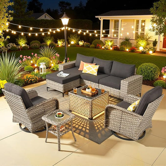 8 Pcs Patio Outdoor Furniture Set - All Weather Wicker Outdoor Sectional Sofa Couch with Swivel Rocking Chairs and Coffee Table,Patio Modular Rattan Conversation Set for Garden Deck Yard,Black