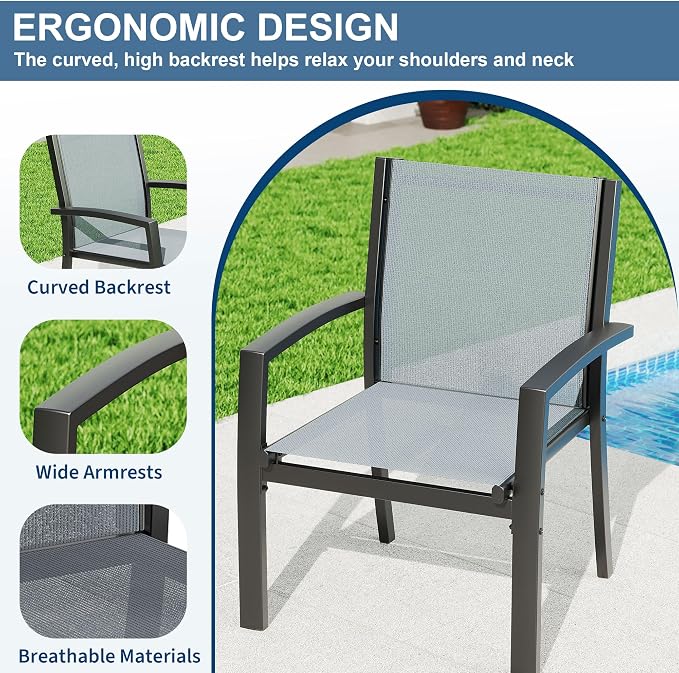 Garvee 4 Piece Patio Bistro Furniture Set, Outdoor Conversation Set with 3 Chairs, Loveseat & Glass Coffee Table, All-Weather Textilene Fabric & Steel Frame for Backyard, Poolside, Porch, Lawn - Grey