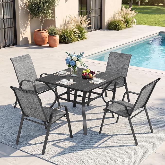 Outdoor Dining Set for 4, Patio Metal Table and Chairs Set with 1.97'' Umbrella Hole, 5pcs Patio Furniture Set 37.8”x37.8” Dining Table Set with Stackable Chairs for Backyard Pool Deck