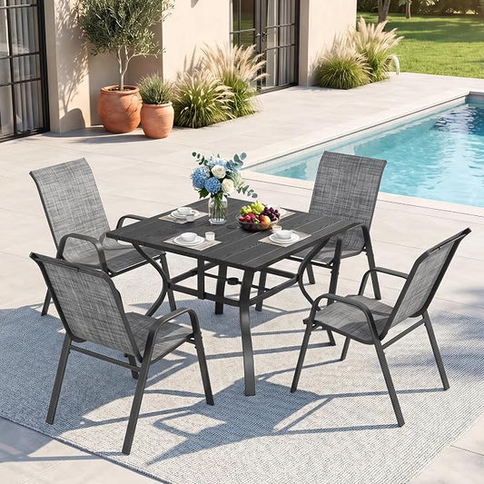 Outdoor Dining Set for 4, Patio Metal Table and Chairs Set with 1.97'' Umbrella Hole, 5pcs Patio Furniture Set 37.8”x37.8” Dining Table Set with Stackable Chairs for Backyard Pool Deck