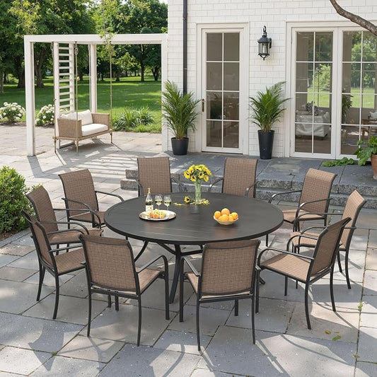VICLLAX 11 Pieces Patio Outdoor Dining Set, 60" Round Metal Table with Umbrella Hole and 10 Stackable Textilene Chairs for Patio, Lawn, Garden, Porch, Black/Brown