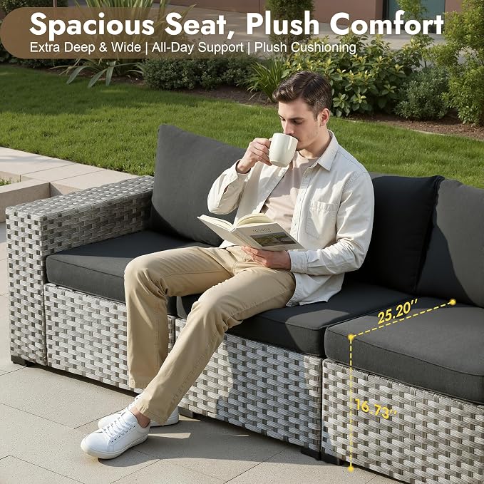 9 Pieces Patio Furniture Set, Wicker Outdoor Sectional Sofa with Swivel Chair Comfy Cushions, Modern Modular Deep Seat Rattan Couch Conversation Set for Backyard Porch Yard,Black