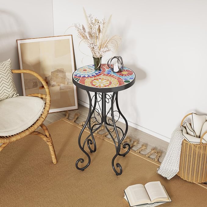 Outdoor Metal Side Table with Ceramic Tile Top Mosaic Patio Side Table and Plant Stand Tables, Round Side Table Iron End Tables for Yard Porch Balcony Garden, Daisy Red