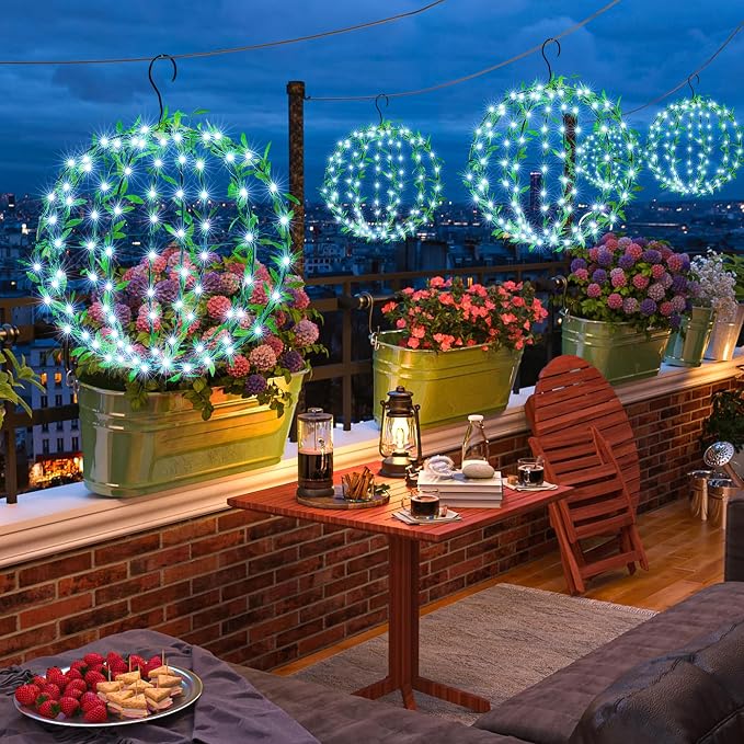Joomer Solar Ball Lights Outdoor, 2-Pack 13in & 11in Total 264 LED, White | Solar Powered Hanging Globe Metal Sphere Lights, 8 Modes Waterproof with Hooks for Patio Garden Gazebo Decorative Tree Decor