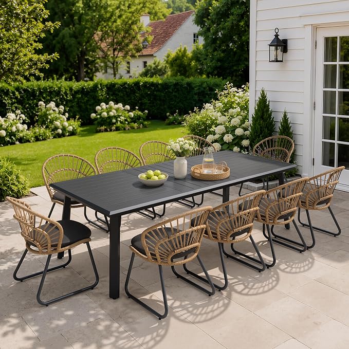 11 Piece Aluminum Outdoor Dining Set with Rattan Patio Chairs | 94" Large Rectangle Table with Umbrella Hole, 10 Shell Shaped Rattan Side Chairs with Black Cushions for Garden Deck