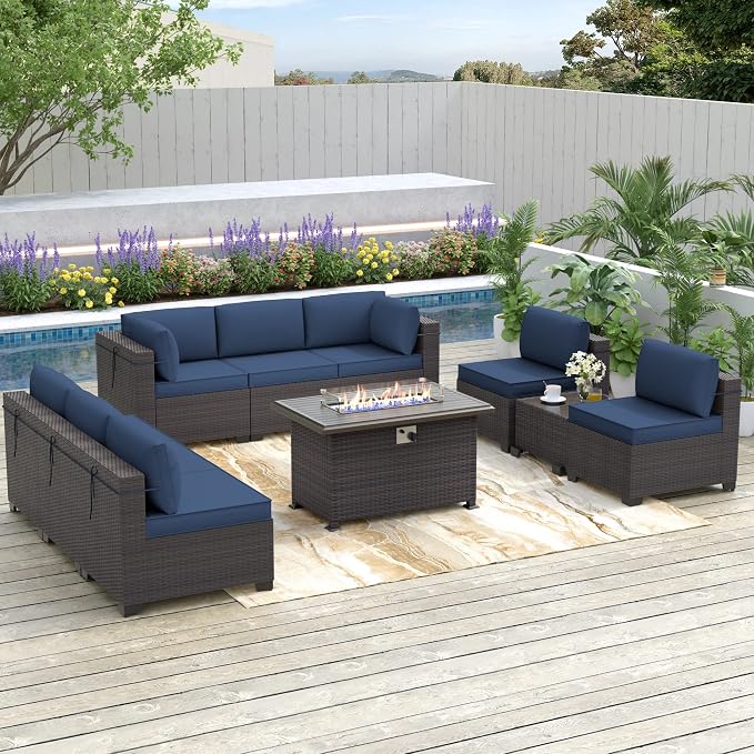 Kurapika 10 Pieces Patio Furniture Set, Rattan Wicker Outdoor Conversation Sets w/43in Propane Fire Pit Table and 4 Inch Cushion(Navy Blue)