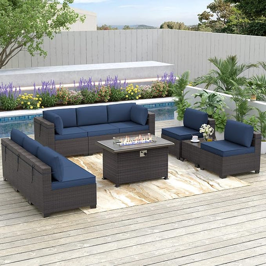 Kurapika 10 Pieces Patio Furniture Set, Rattan Wicker Outdoor Conversation Sets w/43in Propane Fire Pit Table and 4 Inch Cushion(Navy Blue)
