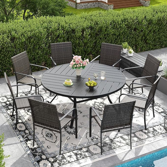 DIFY 9 Piece Outdoor Dining Set for 8, 53.1" Black Round Metal Dining Table with Umbrella Hole and Stackable Wicker Patio Chairs, All-Weather Patio Table and Chairs Set for Deck Garden Backyard