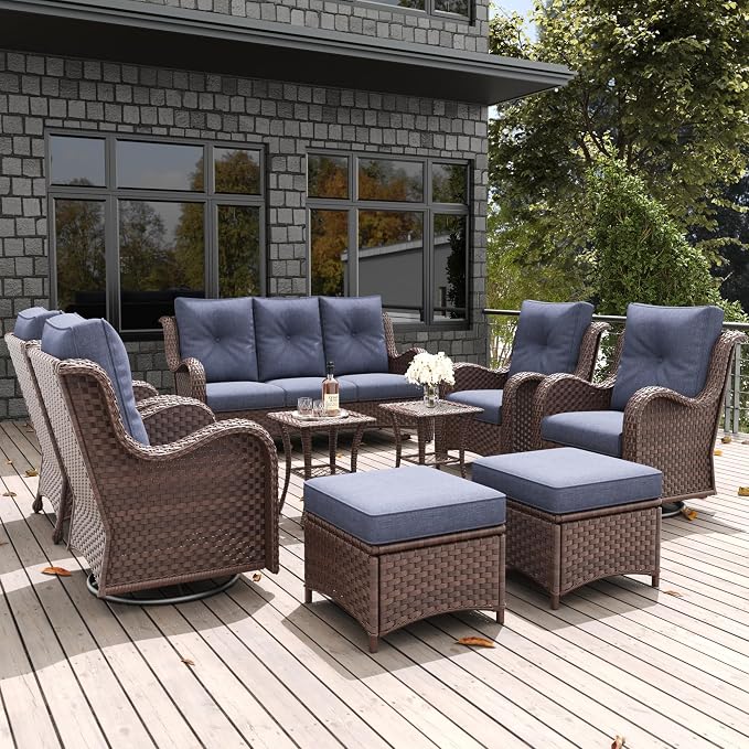 LayinSun 9 Pieces Outdoor Patio Furniture Set, Rattan Wicker Sectional Swivel Rocker Chairs Sets with Ottomans, Swivel Glider Chairs,Single Chairs and Coffee Table