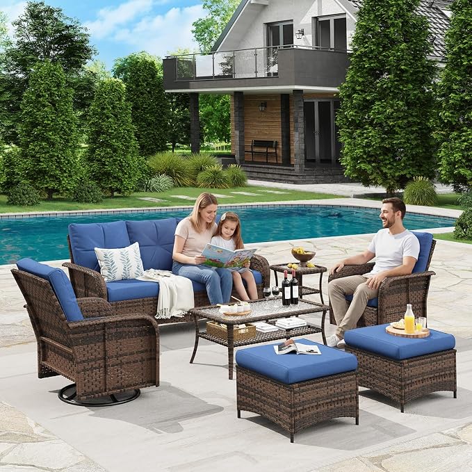 LazySunsets Luxury 9-Piece Patio Furniture Set, 360° Swivel Chairs, Wicker Rattan Sofa with Thick Cushion, Outdoor Conversation Set for Backyard, Poolside & Garden, Brown/Navy Blue