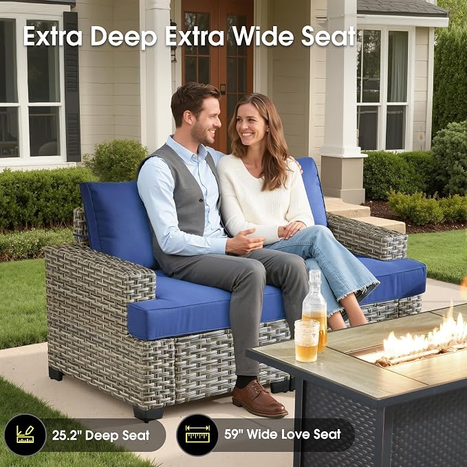Outdoor Sectional Patio Furniture Set,9 Pieces All Weather Rattan Wicker Conversation Sets,Out Door Furniture with Ottoman Single Chair,Navy Blue